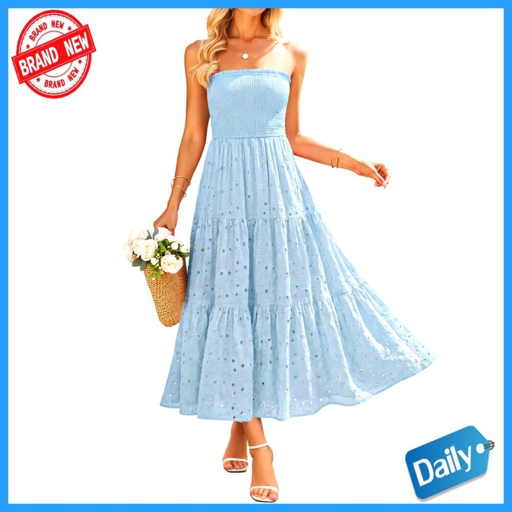 Strapless Midi Dress with Smocked Bodice, Eyelet Embroidery, and Pockets